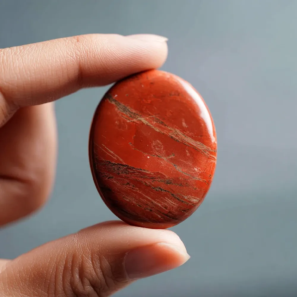 Close up shot of someone holding a red jasper worry stone
